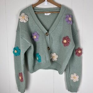 Anthropologie Luna Ivy Chunky Crochet 3D Knit Floral Cardigan Sz Large Cropped